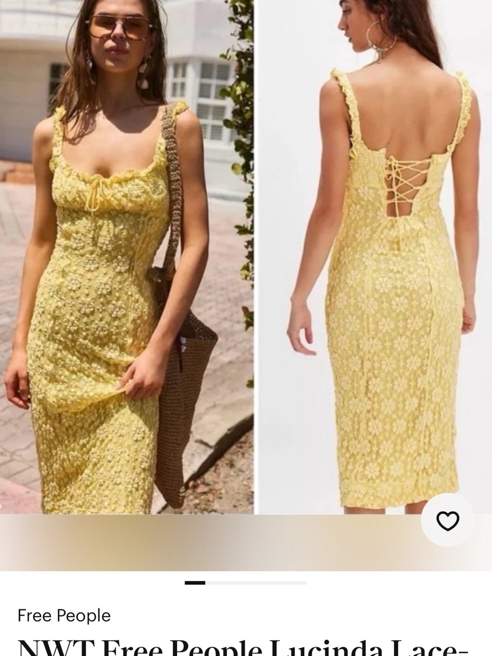 Free People Yellow Lace Midi Dress with Lace-Up Back